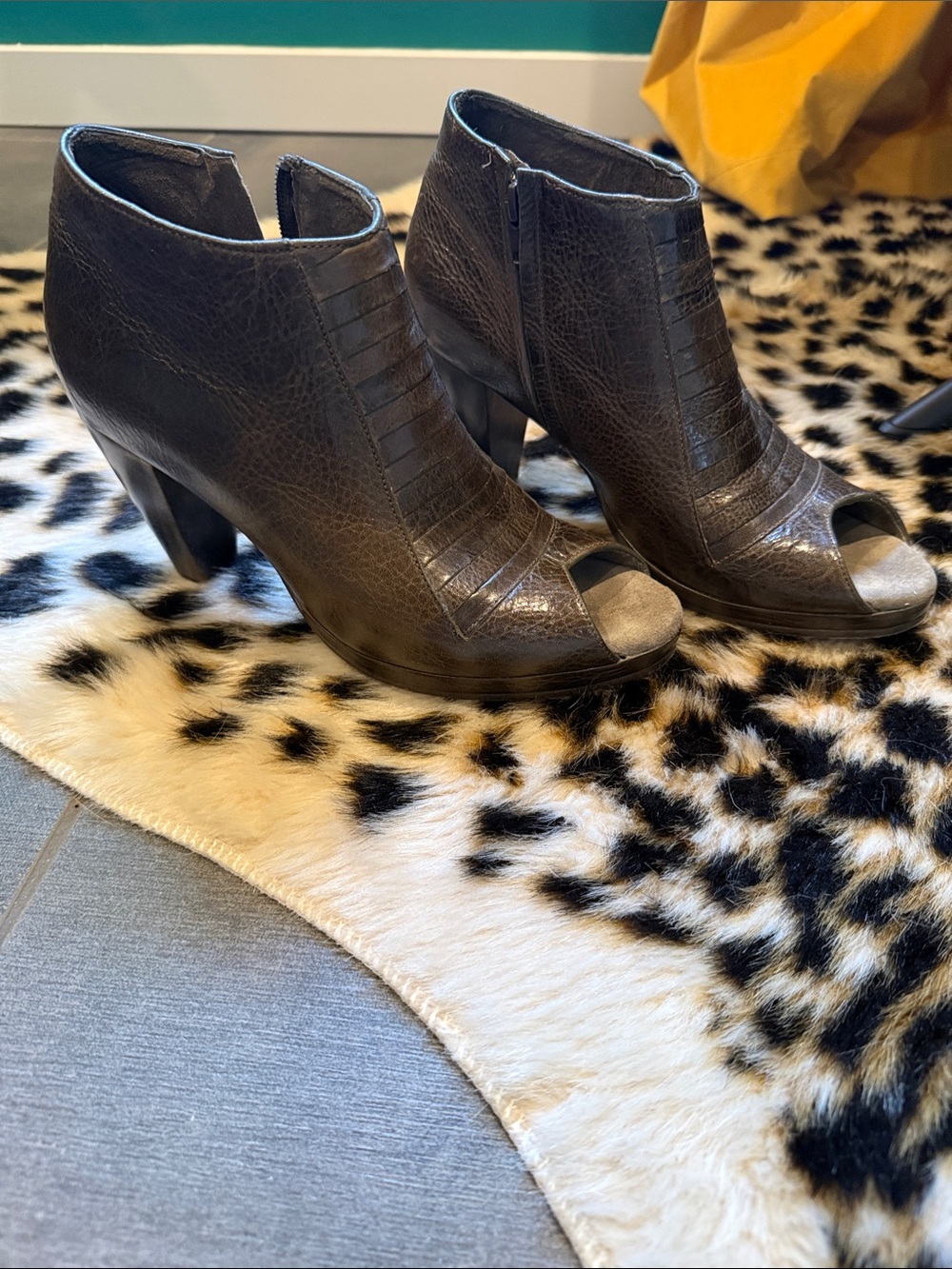 Peep-Toe Ankle Booties in Dark Brown Leather